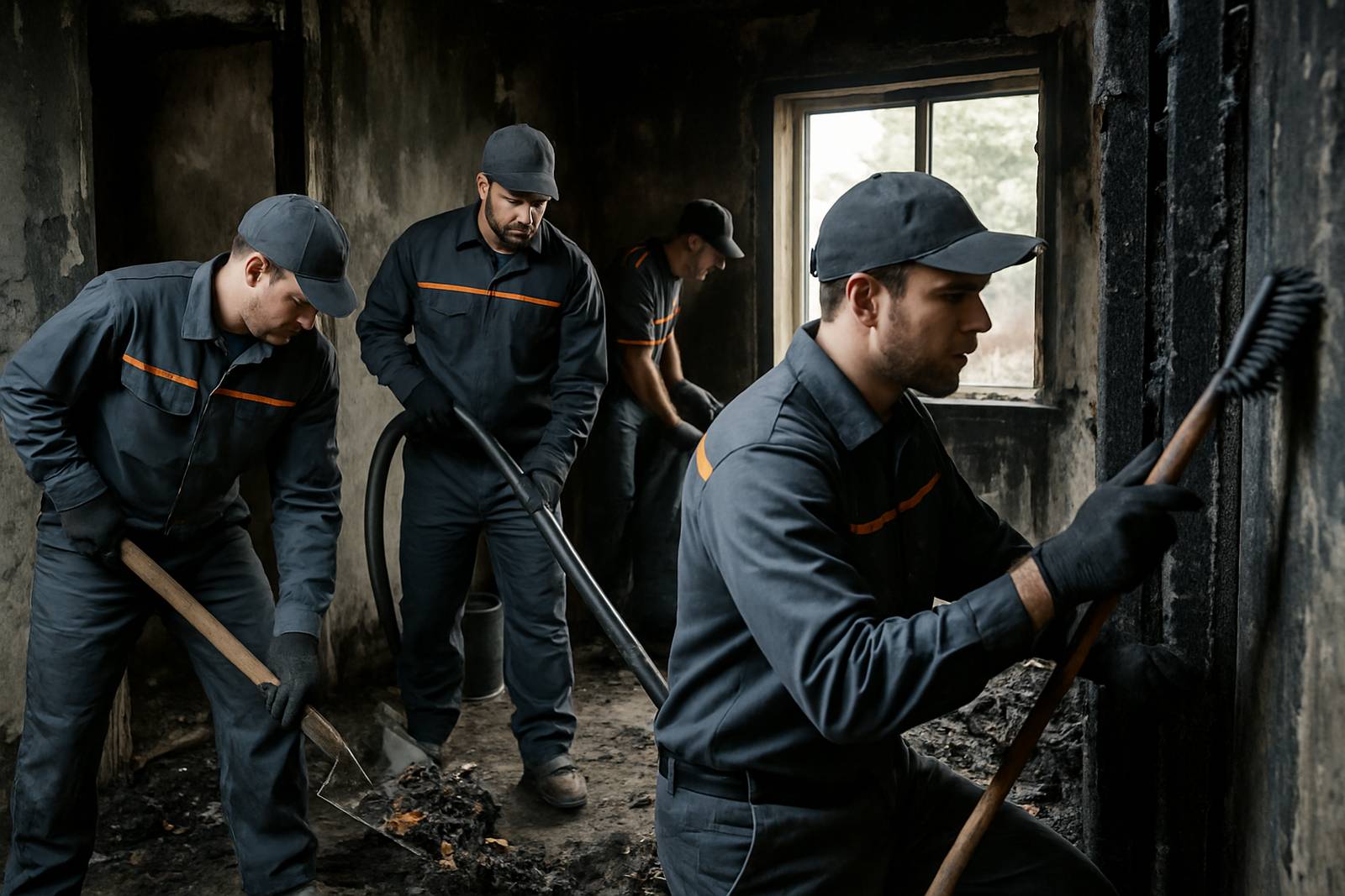 Fire damage restoration technician cleaning soot from a wall in a Orange County home